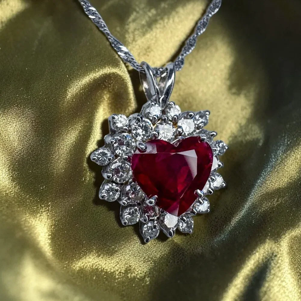 14K White Gold- Natural Ruby & Diamond Necklace -18